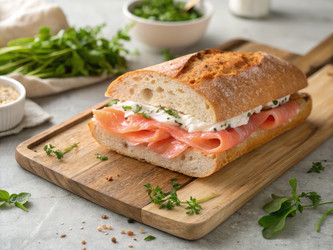 Вкусный сэндвич с копченым лососем и сливочным сыром на деревянной доске. Генеративный искусственный интеллект - RomanZ