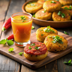 Вкусные закуски и свежевыжатые соки на деревенском деревянном столе. Генеративный искусственный интеллект - RomanZ