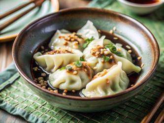 Вкусные корейские пельмени в соевом соусе на весах. Генеративный искусственный интеллект - RomanZ