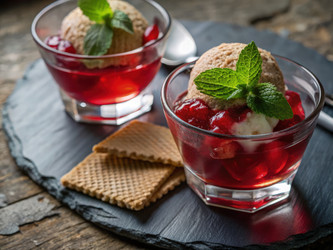 Вкусное красное желе с мороженым из печенья, подаваемое в мисках. Генеративный искусственный интеллект - RomanZ