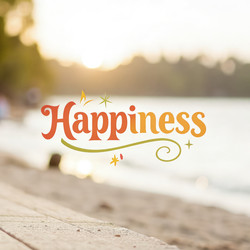 Яркий и жизнерадостный дизайн логотипа для Happinessrz на фоне безмятежного пляжа на закате. Генеративный ИИ - RomanZ