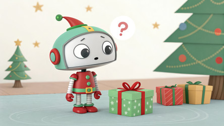 Интеллектуальный игрушечный робот с искусственным интеллектом с недоумением смотрит на рождественские подарки под елкой. Генеративный ИИ - RomanZ