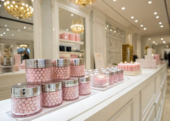 Роскошная косметика Pink Pearl представлена в элегантных баночках в косметическом бутике. Генеративный искусственный интеллект - RomanZ