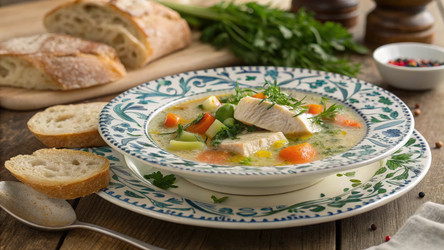 Вкусный фиск-суп, поданный на декоративной тарелке со свежим хлебом. Генеративный искусственный интеллект - RomanZ