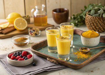 Оздоровительные напитки с куркумой и свежими фруктами для укрепления иммунитета. Генеративный искусственный интеллект - RomanZ