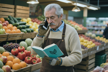 Пожилой мужчина, работник продуктового магазина, проверяет наличие товара, одновременно созваниваясь с поставщиком. - SeventyFour