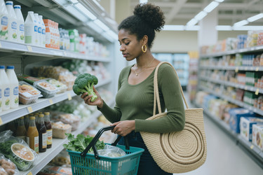 Темнокожая женщина выбирает брокколи во время похода в продуктовый магазин, чтобы выбрать продукты для здорового питания. - SeventyFour