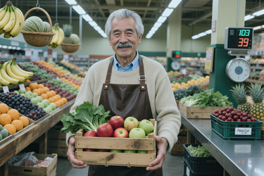 Портрет пожилого мужчины, держащего свежие продукты в продуктовом магазине. - SeventyFour