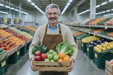 Портрет пожилого мужчины, держащего свежие продукты в продуктовом магазине. - SeventyFour