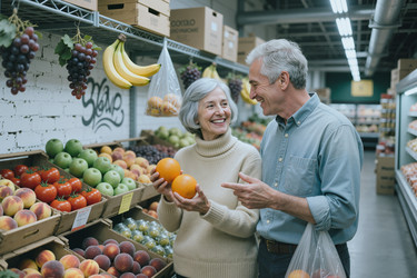 Пожилая пара выбирает свежие продукты для здорового питания во время покупок в продуктовом магазине. - SeventyFour