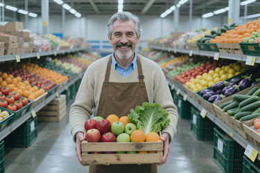 Портрет пожилого мужчины, держащего свежие продукты в продуктовом магазине. - SeventyFour