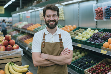 Портрет взрослого мужчины, стоящего в отделе овощей и фруктов продуктового магазина. - SeventyFour