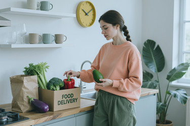 Взрослая женщина распаковывает доставленные продукты для приготовления здоровой домашней еды. - AnnaStills
