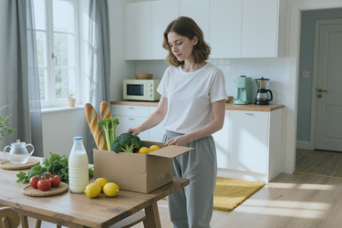 Взрослая женщина распаковывает доставленные продукты на домашней кухне. - SeventyFour