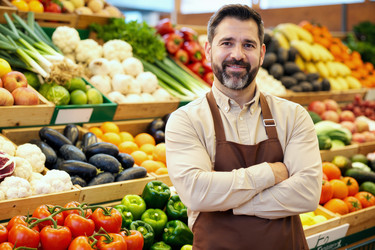 Портрет мужчины средних лет, стоящего в отделе овощей и фруктов в продуктовом магазине. - SeventyFour