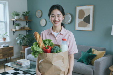 Портрет азиатской женщины, держащей продуктовый пакет для доставки на дом. - AnnaStills