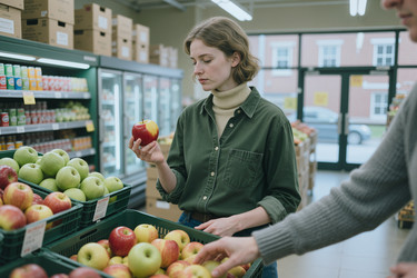 Женщина выбирает свежие яблоки в отделе овощей и фруктов в продуктовом магазине. - AnnaStills