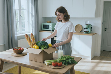 Взрослая женщина распаковывает доставленные продукты на домашней кухне. - SeventyFour