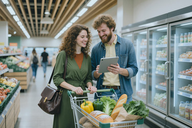 Взрослая пара сравнивает варианты продуктов на планшете во время покупок. - SeventyFour