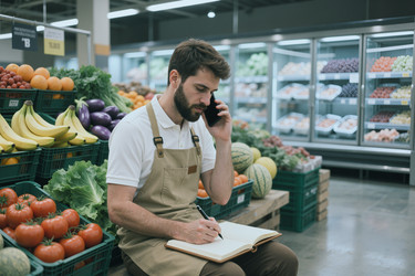 Взрослый мужчина, работник продуктового магазина, принимает заказы по телефону в отделе овощей и фруктов. - SeventyFour