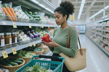 Темнокожая женщина сравнивает свежие продукты для здоровых покупок в продуктовом магазине. - SeventyFour