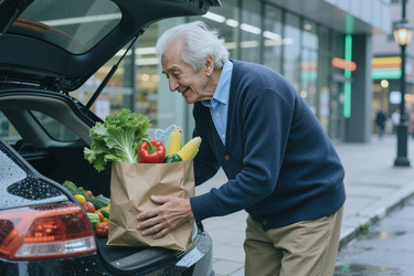 Пожилой мужчина загружает свежие продукты в машину после покупок. - SeventyFour