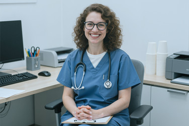 Портрет женщины-врача, улыбающейся в медицинском кабинете. - SeventyFour