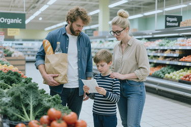 Семейное чтение списка покупок во время приобретения органических продуктов - SeventyFour