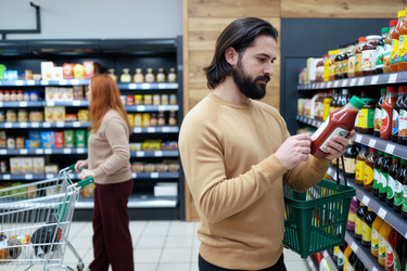 Взрослый мужчина сравнивает этикетки на соусах во время похода в продуктовый магазин. - SeventyFour