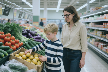 Женщина с сыном выбирает свежие продукты для семейного похода в продуктовый магазин. - SeventyFour