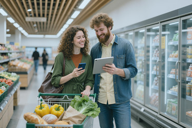 Взрослая пара сравнивает цены на продукты на планшете для «умных» покупок - SeventyFour