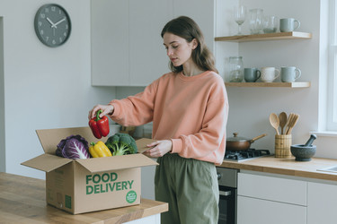 Взрослая женщина распаковывает коробку с доставленными продуктами на домашней кухне. - AnnaStills