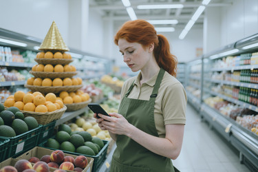 Женщина-продавщица в продуктовом магазине проверяет свой смартфон в отделе овощей и фруктов. - SeventyFour