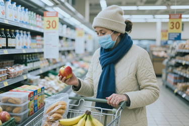 Женщина в защитной маске выбирает яблоко во время похода в продуктовый магазин. - AnnaStills