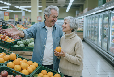 Пожилая пара выбирает свежие продукты во время похода в магазин. - SeventyFour