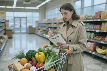 Взрослая женщина составляет список покупок, покупая продукты в магазине. - SeventyFour