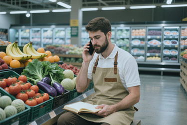 Взрослый мужчина, работник продуктового магазина, разговаривает по смартфону, проверяя наличие товара на складе. - SeventyFour