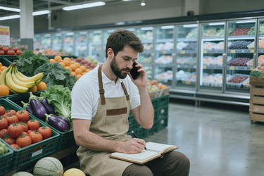 Взрослый мужчина, работник продуктового магазина, принимает заказы по телефону и делает записи. - SeventyFour