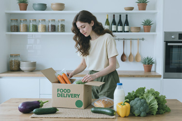 Взрослая женщина распаковывает доставленные продукты для планирования здорового питания. - SeventyFour
