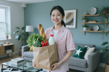 Портрет азиатской женщины, держащей продуктовый пакет дома. - AnnaStills
