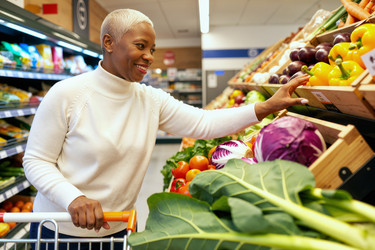 Пожилая темнокожая женщина выбирает свежие продукты для здоровых покупок в продуктовом магазине. - SeventyFour