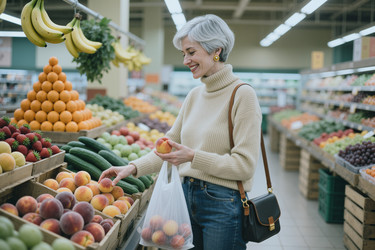 Пожилая женщина выбирает свежие продукты для здоровых покупок в продуктовом магазине. - SeventyFour