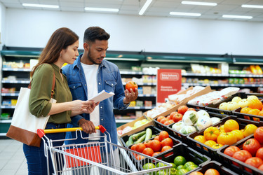 Взрослая пара сравнивает списки покупок при выборе свежих продуктов. - SeventyFour