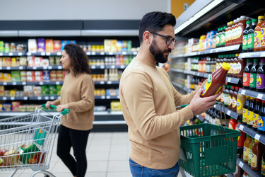 Взрослый мужчина сравнивает бутилированные напитки во время похода в продуктовый магазин. - SeventyFour