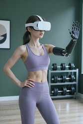 Взрослая женщина с роботизированной рукой использует vr для фитнес-тренировок. - SeventyFour