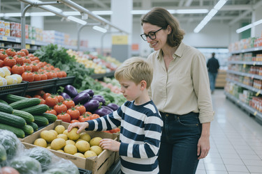 Мать и сын выбирают свежие продукты для семейного похода в продуктовый магазин. - SeventyFour