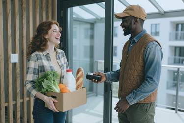 Чернокожий мужчина доставляет продукты взрослой женщине на дом. - SeventyFour