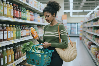 Темнокожая женщина сравнивает этикетки на соках во время похода в продуктовый магазин. - SeventyFour