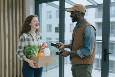 Чернокожий мужчина доставляет продукты взрослой женщине на дом. - SeventyFour