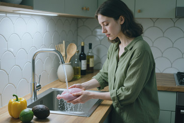 Взрослая женщина моет сырую курицу для приготовления пищи в домашних условиях. Безопасность пищевых продуктов. - SeventyFour